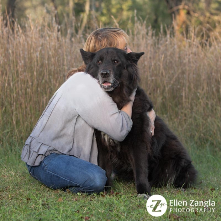 Photo of woman hugging her dog in Loudoun County VA by Ellen Zangla Photography