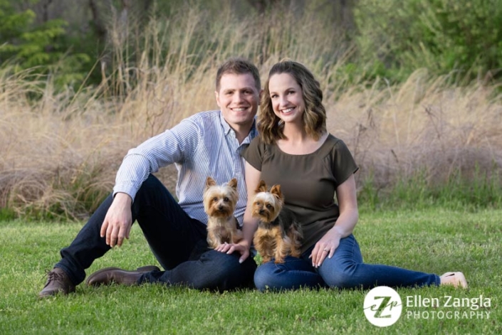 Photo of couple with their two Yorkies by Ellen Zangla Photography in Loudoun County VA
