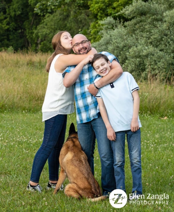 Photo of man with his two children and Belgian Malinois dog in Loudoun County VA by Ellen Zangla Photography