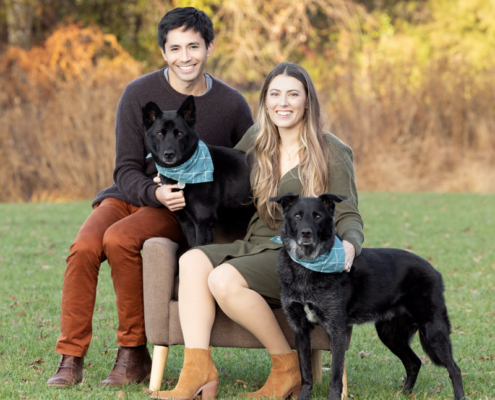 Outdoor family photo with two senior dogs in Loudoun County, VA.