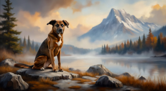 Artistic rendering of a brown dog with one brown eye and one blue eye in front of a lake and the mountains.
