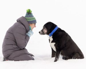 Black dog and owner playing in the snow in Northern Virginia.