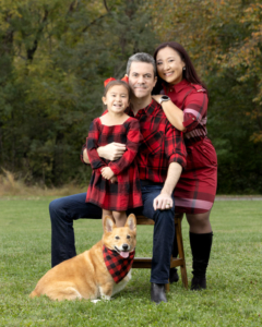 Family photo with pets in Northern Virginia outside in the fall.