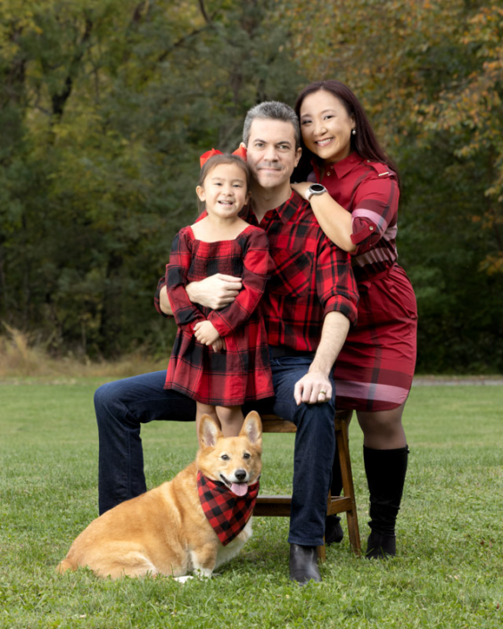 Family photo with pets in Northern Virginia outside in the fall.