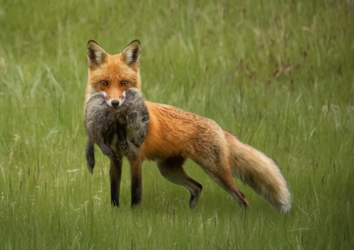 Fox standing with groundhog in her mouth in Loudoun County, VA.
