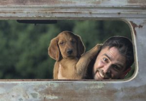 Funny behind-the-scenes photo of a man and a puppy in the back of a truck.