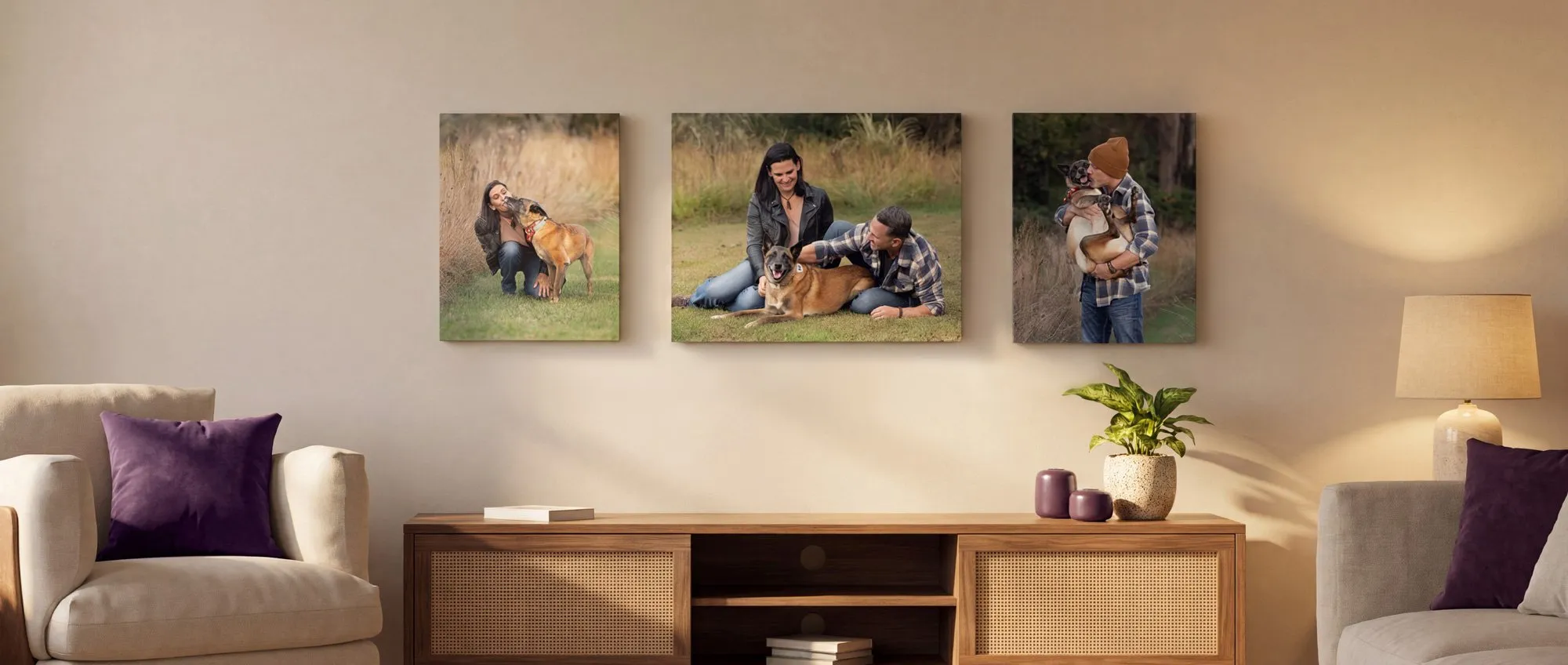 Three photos of a family with a dog on a wall.